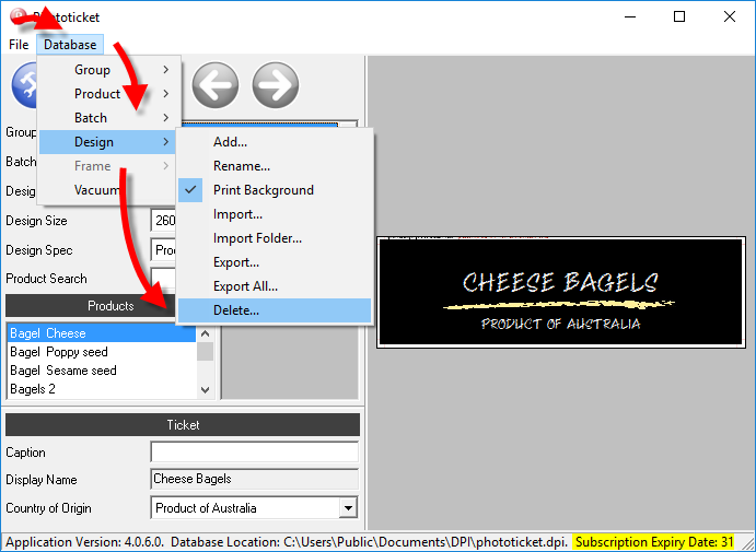 Delete designs menu item