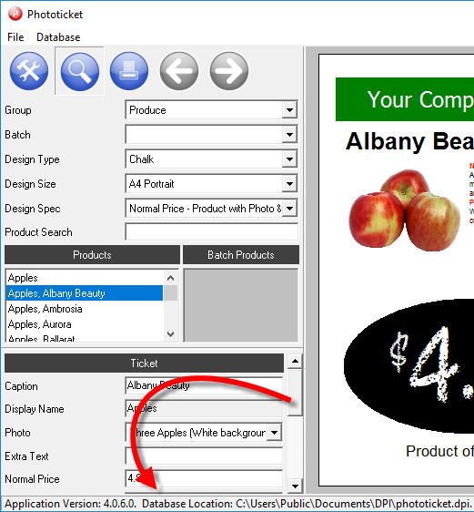 Phototicket database location shown in status bar